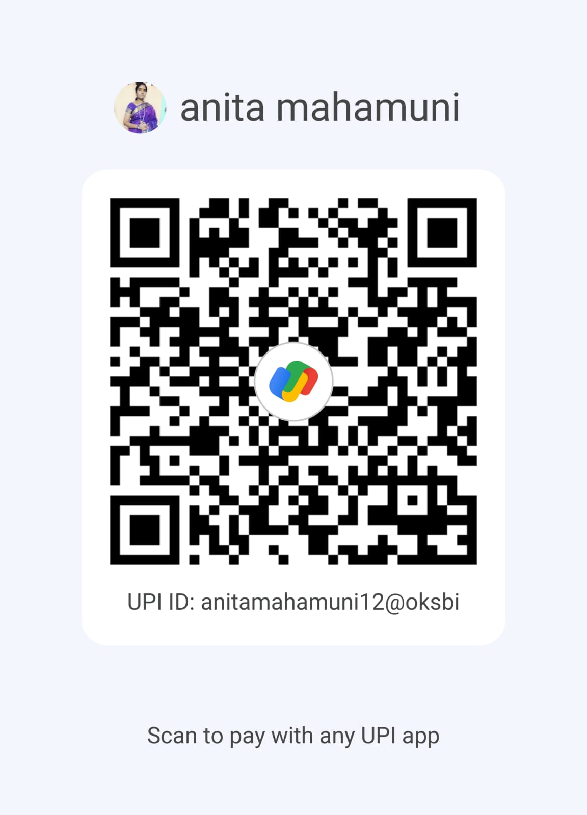 UPI QR code for payment to Anita Mahamuni